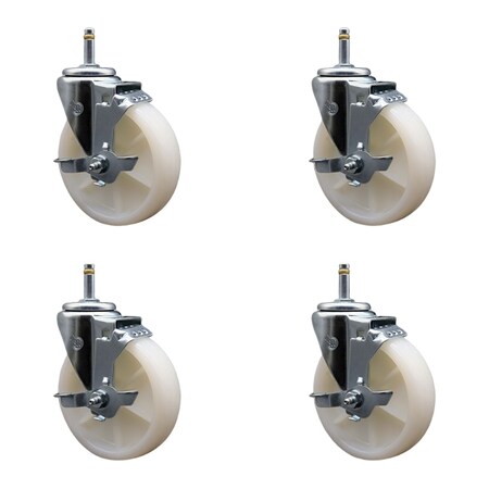 Service Caster 5'' Nylon Wheel Swivel 7/16'' Grip Ring Stem Caster Set with Brake, 4PK SCC-GR20S514-NYS-TLB-716138-4